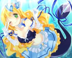 Rule 34 | 10s, 1girl, bermuda triangle, blonde hair, bracelet, breasts, cardfight!! vanguard, cleavage, collar, frills, gloves, green eyes, jewelry, long hair, mermaid, miniskirt, monster girl, prism miracle canaria, ribbon, skirt, smile, solo, star (symbol), strapless, underwater, very long hair, water, wink