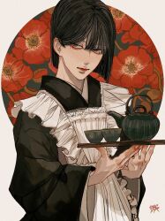 Rule 34 | 1boy, absurdres, androgynous, apron, bishounen, black eyes, black hair, black kimono, bob cut, closed mouth, commentary, crossdressing, cup, floral background, flower, frilled apron, frills, hair behind ear, highres, holding, holding tray, japanese clothes, kagoya1219, kimono, long bangs, long sleeves, looking at viewer, maid, maid apron, maid day, male focus, original, red flower, short hair, signature, solo, standing, teacup, teapot, tray, upper body, wa maid, white apron, wide sleeves
