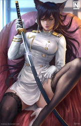 Rule 34 | 1girl, aiguillette, animal ears, atago (azur lane), azur lane, black hair, black thighhighs, breasts, brown eyes, brown hair, buttons, closed mouth, double-breasted, garter straps, glint, gloves, hair between eyes, high heels, highres, holding, holding sword, holding weapon, lace, large breasts, long hair, military, military uniform, miniskirt, multicolored hair, nopeys, red lips, ribbon, sheath, shine, side slit, sitting, skirt, swept bangs, sword, thighhighs, thighs, uniform, weapon, white gloves, white ribbon, white skirt