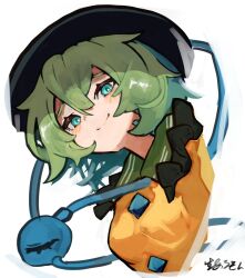 1girl blush frills green_eyes green_hair hair_between_eyes hat highres komeiji_koishi looking_at_viewer medium_hair shirt smile solo suarokin third_eye touhou upper_body yellow_shirt