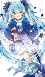 Rule 34 | 1girl, :d, blue eyes, blue hair, blush, capelet, choker, commentary request, crescent moon, dress, fingerless gloves, fuuko (2679566944), fuyu no yoru miku, gloves, hair between eyes, hair ornament, hatsune miku, highres, holding, holding lantern, lantern, long hair, looking at viewer, matching hair/eyes, moon, nail polish, open mouth, ribbon, shoes, single thighhigh, smile, sneakers, solo, star-shaped pupils, star (symbol), striped clothes, striped thighhighs, symbol-shaped pupils, thighhighs, twintails, very long hair, vocaloid