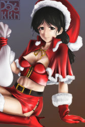Rule 34 | 1girl, arm support, artist logo, artist name, belt, black belt, black eyes, black hair, boots, capelet, christmas, closed mouth, commentary, crop top, girls und panzer, gloves, hair tie, hat, high heel boots, high heels, highres, holding, holding sack, kawashima momo&#039;s mother, leaning back, long hair, looking at viewer, low ponytail, medium hair, midriff, miniskirt, navel, pencil skirt, red capelet, red footwear, red gloves, red hat, red shirt, red skirt, sack, santa costume, santa gloves, santa hat, shirt, sitting, skirt, smile, solo, wariza, yoyokkun