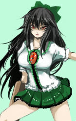 Rule 34 | 1girl, arm cannon, black hair, blush, bow, breasts, collarbone, cowboy shot, frilled shirt, frills, ginji (sakaki summer), green background, green skirt, hair bow, large breasts, long hair, looking at viewer, miniskirt, no wings, open mouth, outstretched arm, red eyes, reiuji utsuho, shirt, short sleeves, simple background, skirt, solo, thighs, touhou, weapon, white shirt, wings