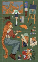 Rule 34 | 1girl, apron, beret, blue apron, blue pants, boots, braid, braided ponytail, brown footwear, closed mouth, commentary, drawing, freckles, green background, green eyes, hat, highres, ishmael (project moon), korean commentary, limbus company, long hair, long sleeves, looking at viewer, multiple views, orange hair, orange shirt, paint can, paint tube, paintbrush, painting (object), palette (object), pants, project moon, red headwear, shirt, sidelocks, stool, szztzzs, very long hair, white shirt