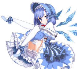 Rule 34 | 1girl, absurdres, bad id, bad pixiv id, bloomers, blue background, blue bow, blue eyes, blue footwear, blue hair, blue wings, blunt bangs, blush, bonnet, bow, capelet, cirno, closed mouth, detached wings, embellished costume, footwear bow, frilled hat, frills, gem, hair bow, hat, highres, hugging own legs, ice, ice wings, invisible chair, legs up, lolita fashion, long sleeves, looking at viewer, neck ribbon, red ribbon, ribbon, shoes, short hair, simple background, sitting, smile, solo, striped, striped bow, sugar sound, thighs, touhou, underwear, upskirt, white background, wings