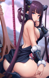 Rule 34 | 1girl, arm warmers, ass, bare shoulders, black dress, blue eyes, blunt bangs, blush, breasts, china dress, chinese clothes, closed mouth, dress, dydydyok, fate/grand order, fate (series), hair ornament, hand up, high heels, highres, large breasts, long hair, looking at viewer, purple hair, sidelocks, sitting, smile, solo, thighs, twintails, very long hair, yang guifei (fate), yang guifei (second ascension) (fate)