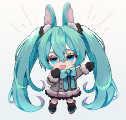 Rule 34 | 1girl, :d, animal ear fluff, animal ears, black footwear, black mittens, black skirt, blue bow, blue eyes, blue hair, blush, boots, bow, buttons, chibi, chibi only, emphasis lines, fur-trimmed jacket, fur trim, grey jacket, hair between eyes, hands up, hatsune miku, highres, jacket, legs apart, long hair, looking at viewer, mittens, naguno-0713, open mouth, outstretched arm, rabbit ears, rabbit girl, sidelocks, simple background, skirt, smile, solo, straight-on, twintails, very long hair, vocaloid, white background