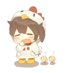 Rule 34 | 10s, 1girl, = =, ?, alternate costume, bird, blush, brown hair, chibi, chick, chicken costume, closed eyes, full body, ina (1813576), kaga (kancolle), kantai collection, long hair, long sleeves, shadow, side ponytail, simple background, white background, yawning