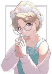 Rule 34 | 1girl, absurdres, bare shoulders, blonde hair, blush, border, bow, bow hairband, brown eyes, camisole, cb (cb hayaoki), closed mouth, collarbone, frills, fur jacket, glasses, hair ornament, hairband, hairclip, head tilt, highres, ichikawa hinana, idolmaster, idolmaster shiny colors, jacket, long sleeves, looking at viewer, off shoulder, open clothes, open jacket, outside border, own hands together, parted bangs, purple-framed eyewear, purple border, short hair, simple background, solo, upper body, white background, white bow, white hairband, white jacket