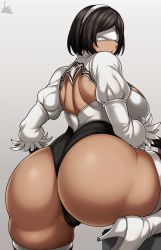 Rule 34 | 1girl, android, ass, ass focus, black hair, blindfold, boots, breasts, cleft of venus, dark-skinned female, dark skin, from behind, gloves, hairband, high heel boots, high heels, highres, huge ass, jmg, large breasts, leotard, nier:automata, nier (series), on one knee, shiny skin, short hair, sideboob, simple background, solo, thick thighs, thigh boots, thighhighs, thighs, thong, thong leotard, white background, 2p (nier:automata)