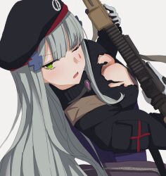 Rule 34 | angry, assault rifle, bag, beret, breasts, cleavage, eotech, girls&#039; frontline, gloves, green eyes, gun, h&amp;k hk416, hair ornament, hat, highres, hk416 (girls&#039; frontline), holding, holding gun, holding weapon, large breasts, looking at viewer, mesuosushi, one eye closed, open mouth, rifle, shoulder bag, simple background, tattoo, torn clothes, trigger discipline, weapon, white background, white hair