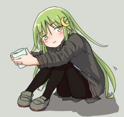 Rule 34 | 1girl, alternate costume, black pantyhose, blush, closed mouth, crescent, crescent hair ornament, cup, green hair, grey background, grey eyes, grey footwear, grey shirt, hair between eyes, hair ornament, holding, holding cup, kantai collection, long hair, long sleeves, looking at viewer, nagatsuki (kancolle), on floor, pantyhose, po0000000000, shadow, shirt, sidelocks, solo