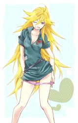 Rule 34 | 10s, 1girl, ahoge, blonde hair, blue eyes, breasts, cleavage, female focus, jumpsuit, long hair, one eye closed, open clothes, open shirt, panties, panty &amp; stocking with garterbelt, panty (psg), shirt, simple background, smile, solo, underwear, very long hair, wink
