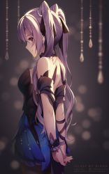 Rule 34 | 1girl, arms behind back, blush, bracelet, breasts, closed mouth, commentary, cone hair bun, dress, formal, from side, genshin impact, hair bun, hair ornament, highres, jewelry, keqing (genshin impact), keqing (opulent splendor) (genshin impact), long hair, looking at viewer, looking to the side, official alternate costume, purple eyes, purple hair, rimuu, smile, solo, strapless, strapless dress, twintails