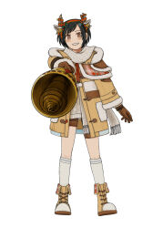 1girl antlers armor bell black_hair blush boots brown_eyes brown_gloves brown_shorts capelet coat final_fantasy final_fantasy_vii final_fantasy_vii_ever_crisis full_body fur-trimmed_coat fur_trim gloves highres holding holding_bell horns knit_scarf knit_sweater leather_armor looking_at_viewer official_alternate_costume parted_lips plaid_capelet plaid_clothes reindeer_antlers s_m_man scarf short_hair shorts shoulder_armor single_shoulder_pad smile socks solo standing white_background white_scarf white_socks winter_clothes yellow_coat yellow_footwear yuffie_kisaragi yuffie_kisaragi_(holiday_cheer_reindeer)