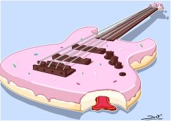 Rule 34 | absurdres, artist name, bass guitar, bite mark, blue background, cake, candy, doughnut, eriott, food, food focus, highres, instrument, music, no humans, original, shadow, simple background, sprinkles, tagme, what