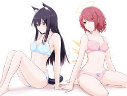 Rule 34 | 2girls, animal ear fluff, animal ears, arknights, bare arms, bare legs, black hair, blue bra, blue panties, blush, bra, breasts, brown eyes, cleavage, closed mouth, exusiai (arknights), eyes visible through hair, hair over one eye, hand on hand, highres, long hair, looking at another, medium breasts, midorinoyuka, multiple girls, navel, panties, pink bra, pink panties, red hair, ribbon bra, ribbon panties, short hair, simple background, sitting, sketch, small breasts, smile, straight hair, tail, texas (arknights), underwear, underwear only, wariza, white background, yuri