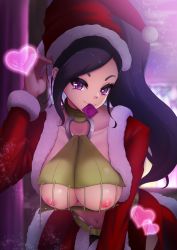 Rule 34 | 1girl, absurdres, adapted costume, asymmetrical bangs, bad id, bad pixiv id, belt, breasts, christmas, collarbone, condom, condom in mouth, condom wrapper, curtains, dragon quest, dragon quest xi, fur-trimmed headwear, fur-trimmed jacket, fur trim, halterneck, heart, high ponytail, highres, indoors, jacket, large breasts, long hair, looking at viewer, martina (dq11), midriff, mouth hold, mugino0515, navel, nipples, o-ring, o-ring top, ponytail, purple eyes, purple hair, red headwear, red jacket, santa costume, smile, solo, very long hair, yellow belt