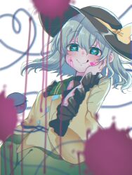 Rule 34 | 1girl, :q, breasts, green eyes, green hair, green skirt, hair between eyes, hand on own cheek, hand on own face, hat, heart, heart-shaped pupils, heart of string, highres, komeiji koishi, long hair, long sleeves, shirt, skirt, small breasts, snow to you, solo, symbol-shaped pupils, third eye, tongue, tongue out, touhou, upper body, wide sleeves, yellow shirt