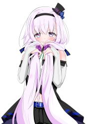 Rule 34 | .live, 1girl, absurdres, alternate costume, belt, blush, carro pino, detached sleeves, hair ornament, headband, highres, holding, holding hair, looking at viewer, low twintails, navel, purple eyes, purple hair, simple background, solo, twintails, virtual youtuber, white background