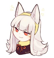 Rule 34 | 1girl, :3, alternate costume, animal ears, artist name, cat ears, closed mouth, fake animal ears, fire emblem, fire emblem heroes, grey hair, hairband, highres, long hair, memeh, nintendo, red eyes, simple background, solo, veronica (fire emblem), white background, yellow hairband