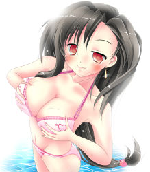 Rule 34 | 1990s (style), 1girl, akairo no mako, bikini, blush, grabbing another&#039;s breast, breasts, cleavage, earrings, female focus, final fantasy, final fantasy vii, grabbing, gradient background, heart, highres, jewelry, large breasts, long hair, retro artstyle, smile, solo, swimsuit, tifa lockhart, white background