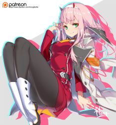 Rule 34 | 10s, 1girl, arm up, black pantyhose, blush, boots, breasts, closed mouth, commentary request, darling in the franxx, dress, fingernails, green eyes, holding, holding own hair, hong (white spider), horns, jacket, jacket on shoulders, long hair, long sleeves, looking at viewer, medium breasts, nail polish, pantyhose, patreon logo, pink hair, red dress, red nails, smile, solo, very long hair, watermark, web address, white footwear, white jacket, zero two (darling in the franxx)