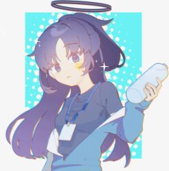 Rule 34 | 1girl, black hair, black shirt, blue archive, blue eyes, blue jacket, bottle, breasts, halo, highres, holding, holding bottle, jacket, long hair, long sleeves, looking at viewer, off shoulder, parted lips, ponytail, purple hair, shirt, simple background, solo, sparkle, star sticker, sticker on face, uou sleep, upper body, yuuka (blue archive), yuuka (track) (blue archive)