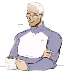 Rule 34 | 1boy, coffee, coffee mug, cup, glasses, green eyes, grin, highres, male focus, mug, old, old man, overwatch, overwatch 1, sejihoe, smile, soldier: 76 (overwatch), solo, sweater, white background, white hair