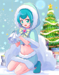 Rule 34 | 1girl, :d, aqua eyes, bag, blue capelet, blue footwear, blue gloves, blue hair, blue skirt, blurry, blurry background, blush, bow, bowtie, cape, capelet, christmas tree, crop top, full body, fur-trimmed gloves, fur-trimmed skirt, fur cape, fur trim, gift bag, gloves, hagoromo lala, holding, holding bag, hood, hood up, hooded capelet, kneeling, midriff, miniskirt, mitumi mira, navel, open mouth, pencil skirt, precure, short hair, skirt, smile, solo, star-shaped pupils, star (symbol), star twinkle precure, stomach, striped bow, striped bowtie, striped clothes, striped neckwear, symbol-shaped pupils, white bag, yellow neckwear