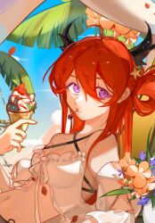Rule 34 | 1girl, absurdres, ahoge, arknights, breasts, cherry, cleavage, cloud, collarbone, commentary request, demon horns, detached sleeves, flower, food, fruit, hair between eyes, hair ornament, hair rings, hewu639356, highres, holding food, holding ice cream, horns, ice cream, ice cream cone, long hair, looking at viewer, medium breasts, mouth hold, official alternate costume, palm leaf, purple eyes, purple flower, red hair, sky, solo, star (symbol), star hair ornament, surtr (arknights), surtr (colorful wonderland) (arknights), swimsuit cover-up, teeth, teeth hold, upper body, white flower, white sleeves