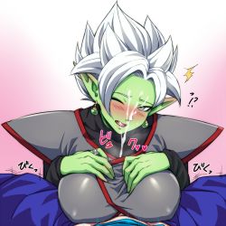 Rule 34 | 1boy, 1girl, black shirt, blue pants, blush, breasts, colored skin, cum, cum in clothes, cum through clothes, dragon ball, dragon ball super, earrings, ejaculation under clothes, fused zamasu, genderswap, genderswap (mtf), green skin, grey eyes, hetero, jewelry, long pointy ears, long sleeves, looking at viewer, nose blush, one eye closed, open mouth, paizuri, paizuri under clothes, pants, pointy ears, potara earrings, pov, ring, shirt, solo focus, spiked hair, sweat, teba motoko, translation request, vegetto, white hair