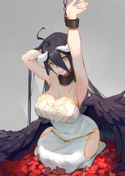 Rule 34 | 1girl, albedo (overlord), arm behind head, armpits, arms up, bdsm, black collar, black feathers, black wings, bondage, bound, breasts, c-ongc, chain, collar, covered navel, demon girl, demon horns, dress, feathered wings, feathers, grey background, hip vent, horns, large breasts, leash, low wings, overlord (maruyama), slave, solo, white dress, white horns, wings, yellow eyes