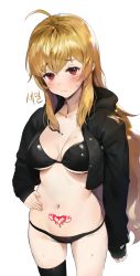 Rule 34 | 1girl, absurdres, ahoge, bad id, bad pixiv id, bikini, black bikini, black jacket, black thighhighs, blush, breasts, cleavage, collarbone, frown, groin, hair between eyes, hand on own hip, heart, heart tattoo, highres, hood, hooded jacket, jacket, large breasts, long hair, looking at viewer, navel, open clothes, open jacket, original, pubic tattoo, red eyes, sidelocks, simple background, single thighhigh, skindentation, solo, stomach, stomach tattoo, sweat, swimsuit, tattoo, thighhighs, uthy, white background, zipper