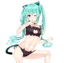 Rule 34 | 1girl, aqua hair, bell, neck bell, blush, breasts, cat lingerie, cat tail, cleavage, cleavage cutout, clothing cutout, collar, finger to mouth, green hair, hatsune miku, highres, kaerunoko, large breasts, long hair, looking at viewer, meme attire, navel, one eye closed, purple eyes, sitting, solo, tail, tongue, tongue out, twintails, very long hair, vocaloid