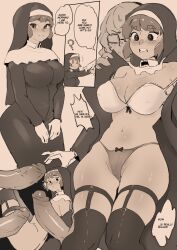 Rule 34 | 2girls, 3boys, absurdres, black thighhighs, breasts, brown hair, cafin, cleavage, clenched teeth, detached collar, english text, freckles, glasses, gloves, habit, highres, large breasts, league of legends, multiple boys, multiple girls, multiple penises, navel, nun, penis, qiyana (league of legends), shiny skin, short hair, skindentation, speech bubble, taliyah, teeth, thighhighs