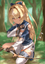 Rule 34 | 1girl, 6mint, absurdres, arrow (projectile), blonde hair, blurry, blurry background, bow (weapon), brown gloves, clothing cutout, commentary, dark-skinned female, dark skin, elf, forest, gloves, highres, holding, holding arrow, holding bow (weapon), holding weapon, hololive, long hair, long sleeves, looking at viewer, multicolored hair, nature, outdoors, partially fingerless gloves, pointy ears, ponytail, shiranui flare, shiranui flare (old design), shoulder cutout, single thighhigh, solo, squatting, streaked hair, thighhighs, tree, virtual youtuber, weapon, white hair, white thighhighs