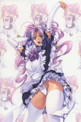 Rule 34 | 1girl, antenna hair, apron, bow, chibi, chibi inset, clothes lift, cowboy shot, detached sleeves, elbow gloves, gloves, hair bow, hair intakes, highleg, highleg panties, highres, homare (fool&#039;s art), lipstick, long hair, maid, maid apron, maid headdress, makeup, non-web source, original, panties, purple eyes, purple hair, purple lips, ribbon, shizune (homare), skirt, skirt lift, solo, source request, stretching, thighhighs, underwear, upskirt, white panties, white thighhighs