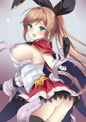 Rule 34 | 10s, 1girl, absurdres, aqua eyes, ass, black gloves, black ribbon, blush, breasts, breasts out, brown hair, cape, clarisse (granblue fantasy), clothes pull, female focus, gloves, granblue fantasy, hair ribbon, highres, kaetzchen, large breasts, light brown hair, long hair, miniskirt, nipples, no bra, open mouth, ponytail, puffy nipples, restrained, ribbon, shirt pull, sideboob, skirt, tears, tentacles, thighhighs