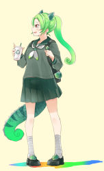 Rule 34 | 10s, 1girl, alternate costume, alternate hairstyle, amai nekuta, ankle wrap, backpack, bag, chameleon ears, chameleon tail, coffee cup, cup, disposable cup, gradient hair, green hair, unworn headwear, holding strap, kemono friends, loafers, multicolored hair, neckerchief, panther chameleon (kemono friends), pleated skirt, ponytail, school uniform, serafuku, shoes, skirt, solo, tail