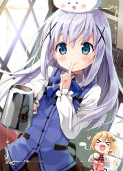 Rule 34 | &gt; &lt;, 2girls, :d, > <, blonde hair, blue eyes, blush, commentary request, cup, eretto, finger to mouth, gochuumon wa usagi desu ka?, hair ornament, hairclip, heart, highres, hoto cocoa, indoors, kafuu chino, light purple hair, long hair, looking at viewer, milk, multiple girls, open mouth, pitcher (container), rabbit house uniform, smile, tippy (gochiusa), window, x hair ornament, xd