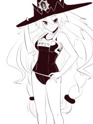 Rule 34 | 1girl, boa (brianoa), breasts, greyscale, grin, hat, highres, long hair, looking at viewer, majo to hyakkihei, metallica (majo to hyakkihei), monochrome, short hair, simple background, smile, solo, swimsuit, teeth, very long hair, white background, witch hat