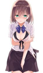 Rule 34 | 1girl, aqua eyes, azuuru, blouse, blush, bow, bowtie, bra, breasts, brown hair, cleavage, embarrassed, highres, md5 mismatch, medium breasts, open clothes, open shirt, original, resolution mismatch, revision, school uniform, shirt, short hair, simple background, skirt, solo, source larger, underwear, undressing, white background