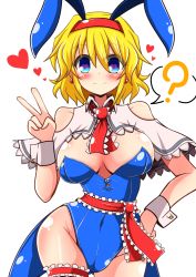 Rule 34 | 1girl, ?, adapted costume, alice margatroid, animal ears, ascot, bare shoulders, blonde hair, blue eyes, blush, bow, bowtie, breasts, rabbit ears, playboy bunny, capelet, cleavage, detached collar, earrings, fake animal ears, hairband, hand on own hip, heart, heart-shaped pupils, highres, jewelry, large breasts, bridal garter, leotard, ribbon, rindou (p41neko), sash, short hair, smile, solo, spoken question mark, symbol-shaped pupils, touhou, v, wrist cuffs, wristband