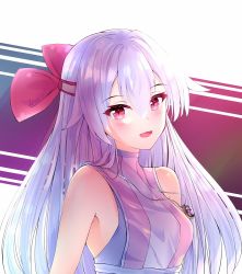 Rule 34 | alternate costume, armpit peek, bare arms, bare shoulders, blush, bow, breasts, dress, fate/grand order, fate (series), gradient background, hair between eyes, hair bow, head tilt, high collar, jewelry, leria v, long hair, looking at viewer, medium breasts, necklace, open mouth, pendant, red eyes, silver hair, sleeveless, sleeveless dress, solo, striped background, striped clothes, striped dress, tomoe gozen (fate), upper body, very long hair