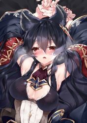 Rule 34 | 1girl, 218, animal ears, armpits, arms up, ascot, black hair, blush, breasts, brown ascot, cleavage, dress, ear piercing, erune, granblue fantasy, highres, medium breasts, nier (granblue fantasy), open clothes, open robe, parted lips, photoshop (medium), piercing, red eyes, robe, solo, steaming body, wide sleeves