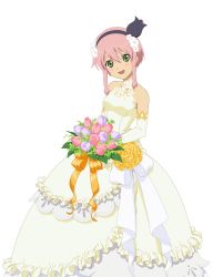 Rule 34 | 1girl, absurdres, bouquet, braid, dress, elbow gloves, flower, front braid, gloves, green eyes, hair flower, hair ornament, hairband, highres, holding, kanonno earhart, official art, open mouth, pasca kanonno, pink hair, short hair with long locks, side braid, simple background, sleeveless, solo, tales of (series), tales of link, tales of the world radiant mythology 2, twin braids, white background