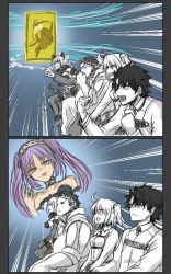 Rule 34 | 2boys, 2koma, 3girls, :d, animal ears, assassin class (fate), clenched hands, comic, emphasis lines, fate/grand order, fate/hollow ataraxia, fate (series), fujimaru ritsuka (female), fujimaru ritsuka (male), gaijin 4koma (meme), gaius julius caesar (fate), mash kyrielight, mash kyrielight (dangerous beast), meme, multiple boys, multiple girls, official alternate costume, open mouth, partially colored, pointing, purple eyes, purple hair, smile, stheno (fate), teeth, thighhighs, twintails, yuko (taxidermy)