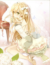 Rule 34 | 1girl, blonde hair, blush, bow, chair, head rest, dress, earrings, flower, green eyes, hair bow, hair ornament, highres, jewelry, long hair, looking at viewer, looking back, original, puracotte, sitting, solo, wariza