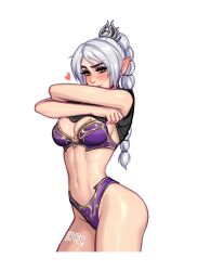 Rule 34 | 1girl, artist name, baldur&#039;s gate, baldur&#039;s gate 3, bare arms, bare shoulders, black shirt, blush, blushyspicy, bra, breasts, cleavage, closed mouth, cropped legs, dungeons &amp; dragons, green eyes, grey hair, groin, hair ornament, hands up, heart, large breasts, looking at viewer, multi-tied hair, navel, panties, pointy ears, purple panties, shadowheart (baldur&#039;s gate), shiny skin, shirt, smile, solo, stomach, strapless, strapless bra, underwear, undressing